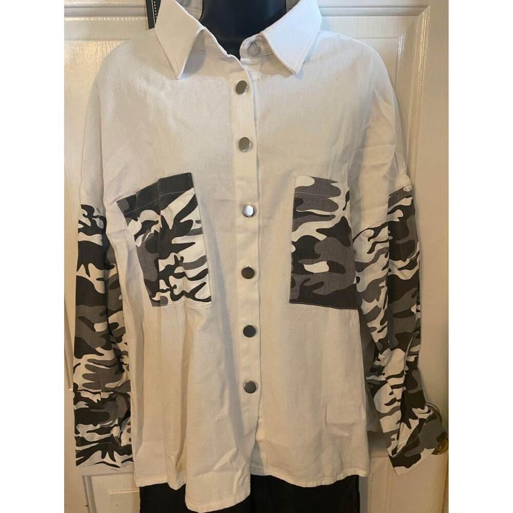 Women’s size M. oversized shirt light denim. white with gray camo sleeves. Comfy